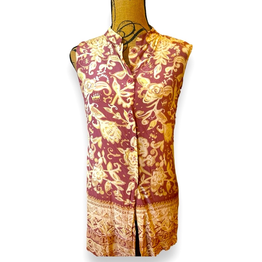 Jacqueline Ferrar 100% Silk Mauve Collar Button Down Sleeveless Tunic Blouse XL